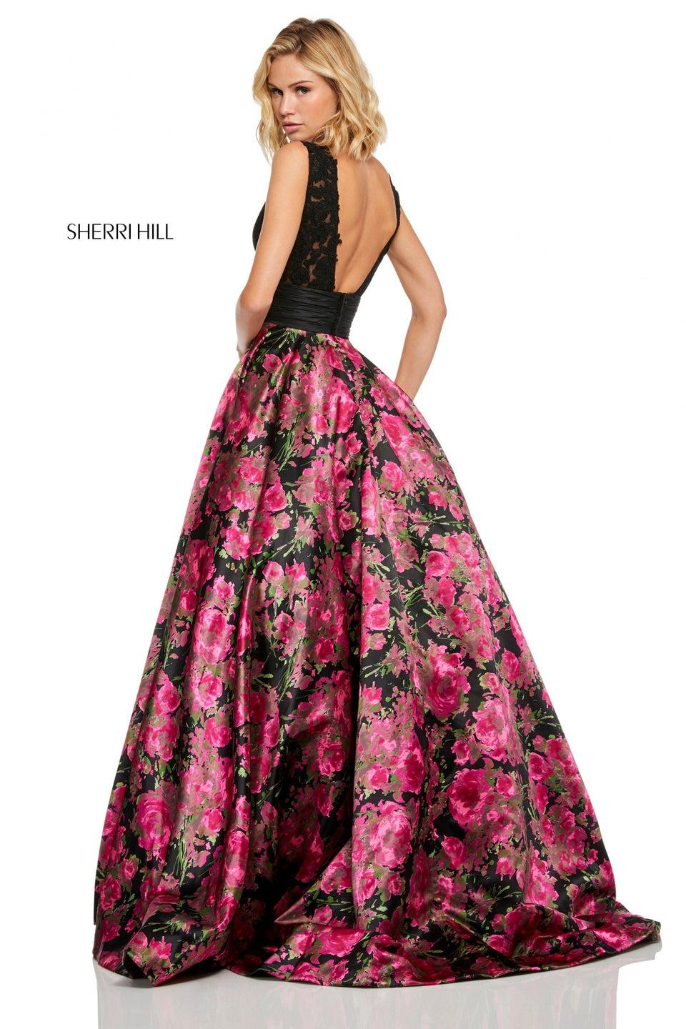 Sherri Hill Floral Printed Satin Ball Gown With Ruched Waistband And A Lace V-neck Bodice