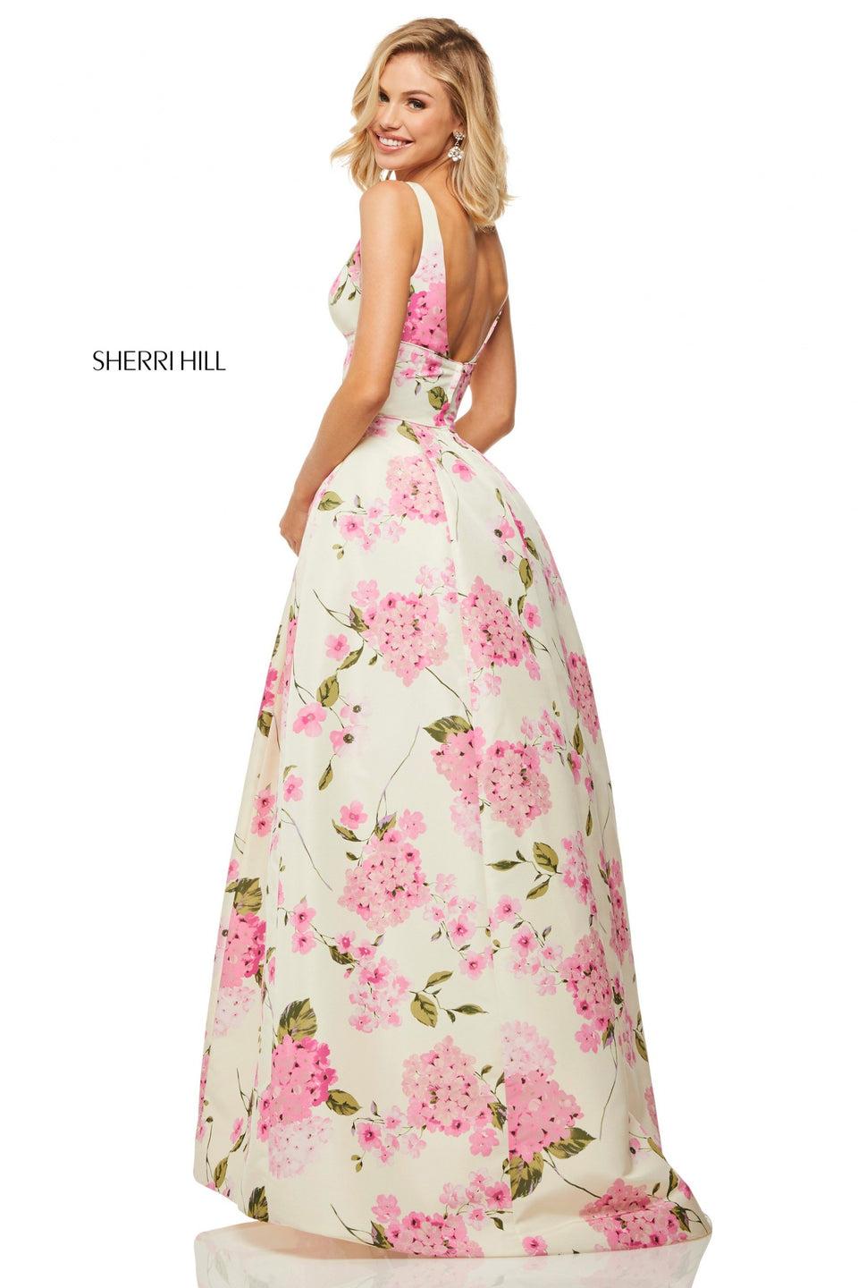 Sherri Hill Floral Printed Taffeta Ball Gown With A Scoop Neckline