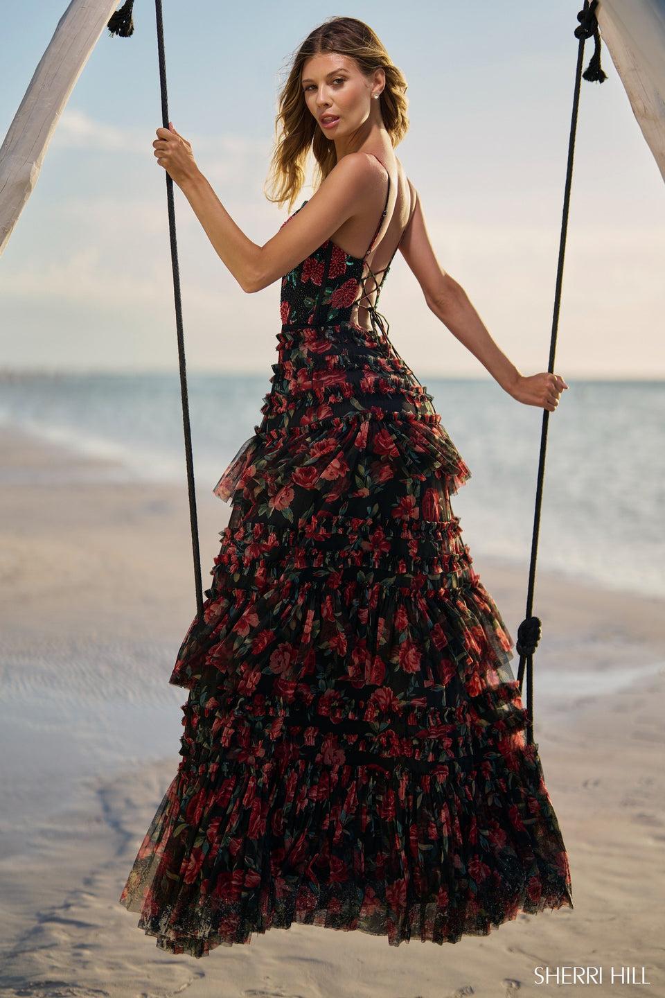 Sherri Hill Floral Ruffle Tulle Gown With Lace Up Back