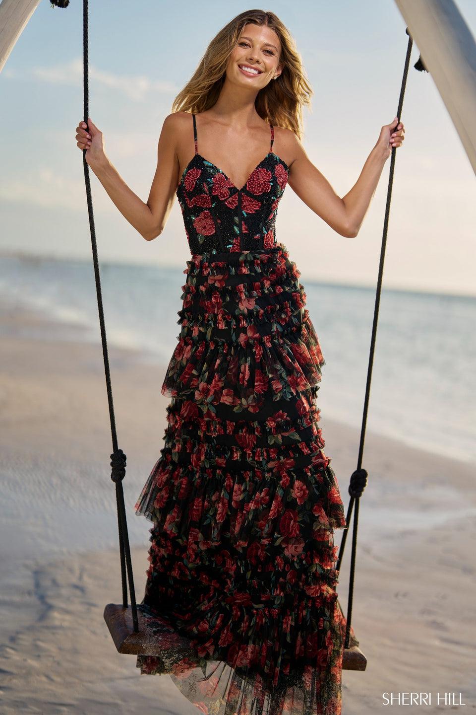 sherri hill Floral ruffle tulle gown with lace up back