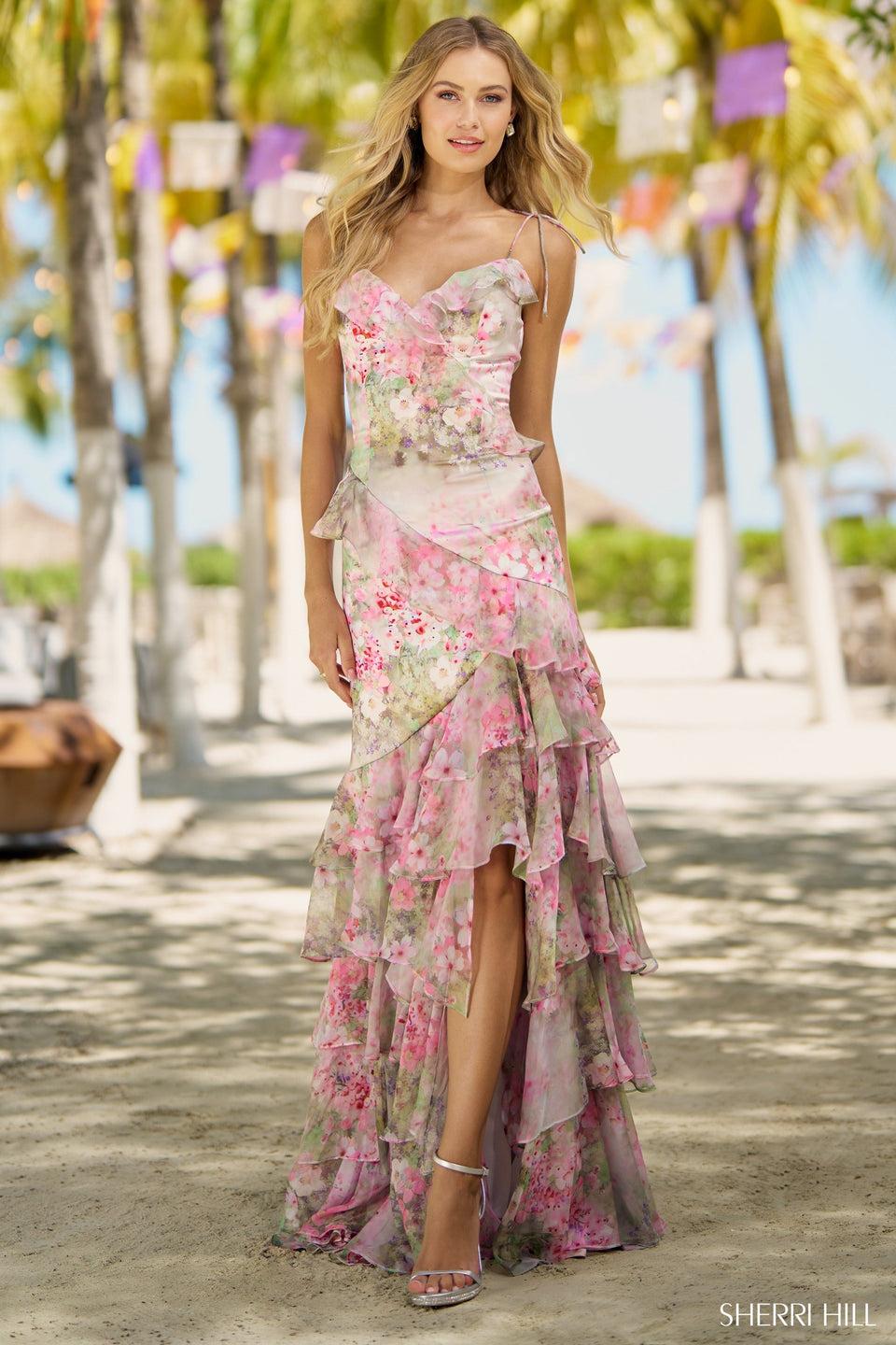 Sherri Hill Floral Silk Gown With Ruffle Embellishments Tie Spaghetti Straps And Skirt Slit