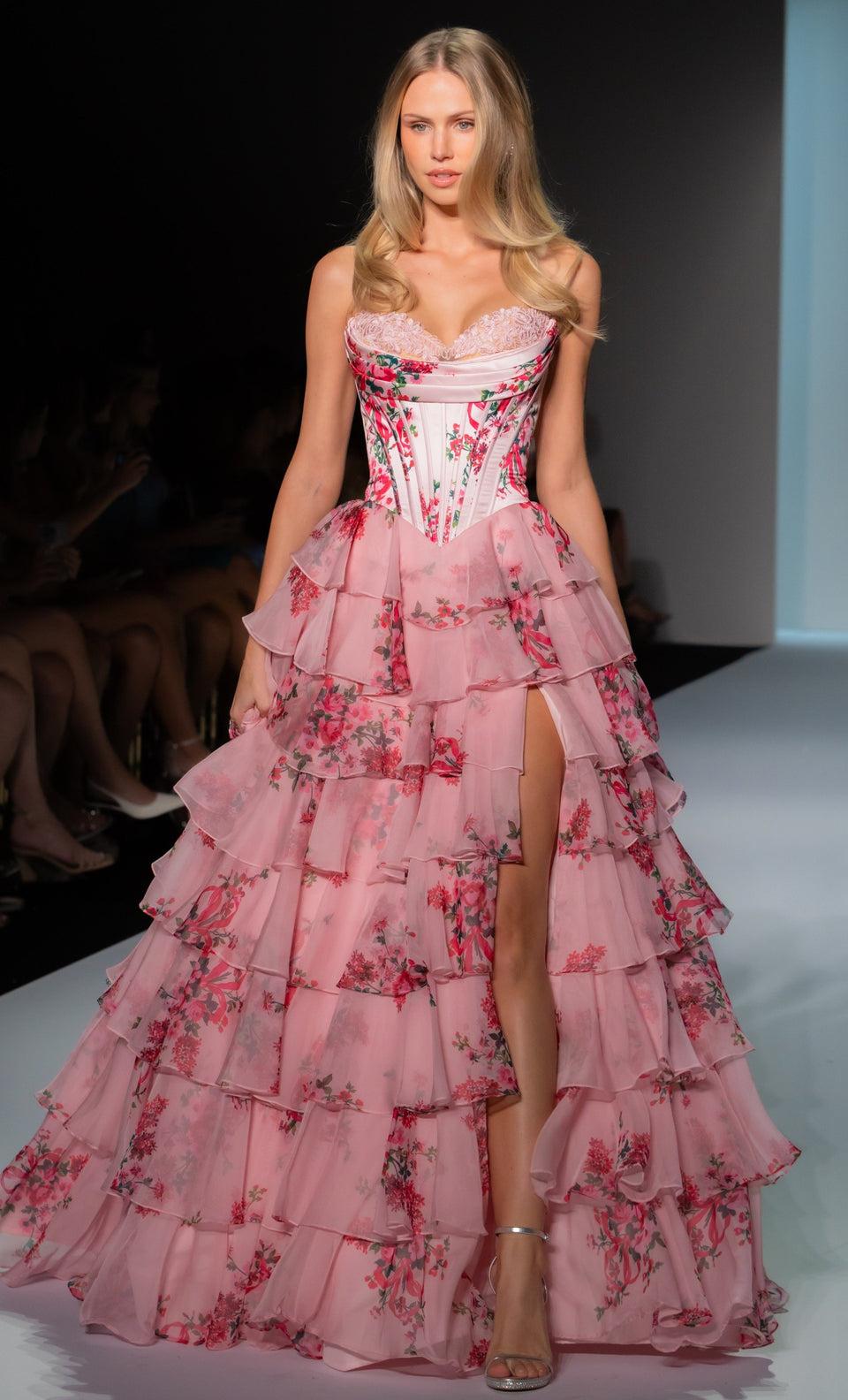 Sherri Hill Floral Strapless Satin Corset Ball Gown With Chiffon Ruffle Skirt Slit