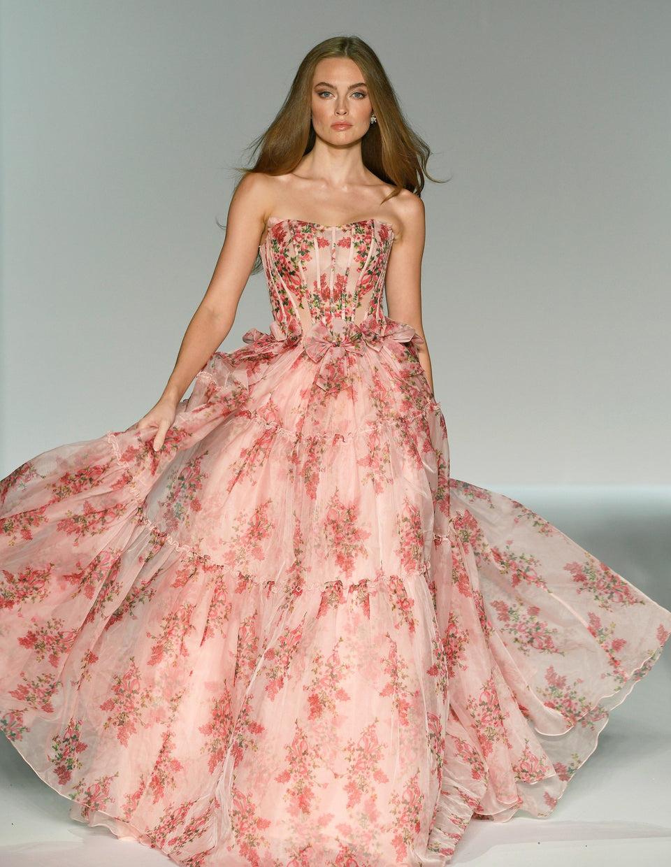 sherri hill Floral tulle ballgown with corset bodice and bow embellishments