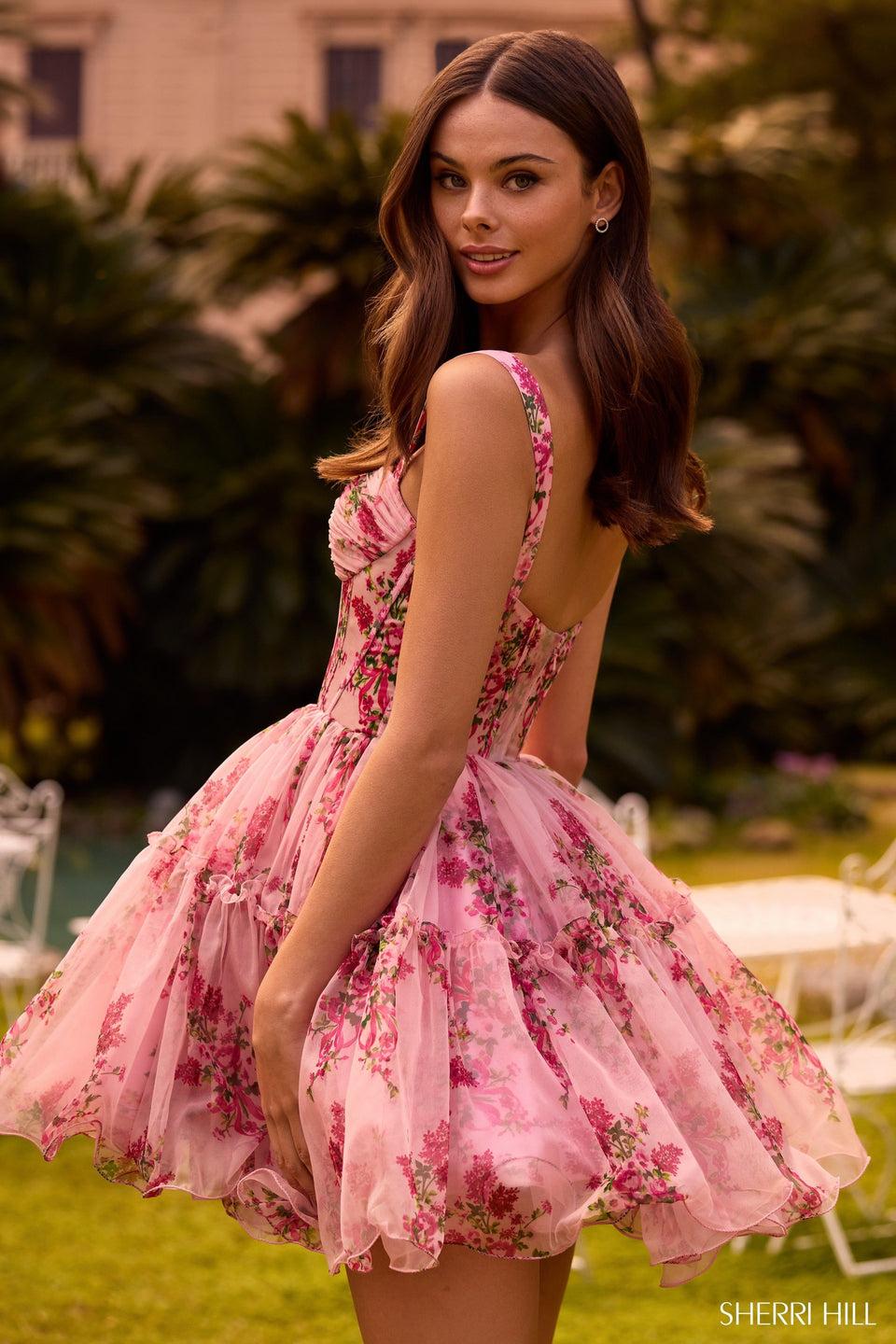 Sherri Hill Floral Tulle Cocktail Dress With Corset Bodice