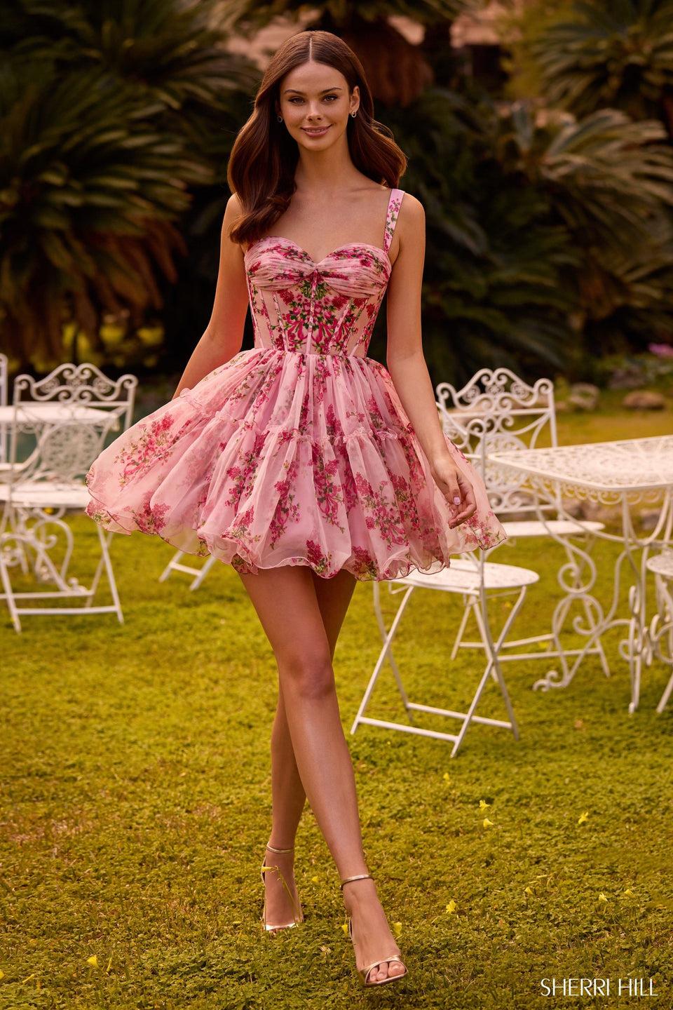 Sherri Hill Floral Tulle Cocktail Dress With Corset Bodice