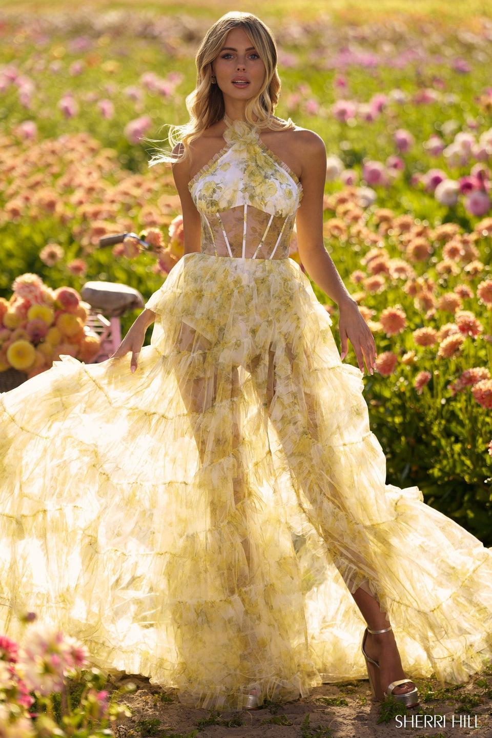 Sherri Hill Floral Tulle Print Bodysuit Gown With High Neckline Sheer Corset Bodice And Ruffle Skirt Slit
