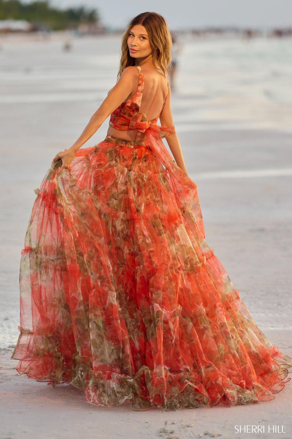 Sherri Hill Floral Two Piece Tulle Gown With Ruffle Embellished Skirt