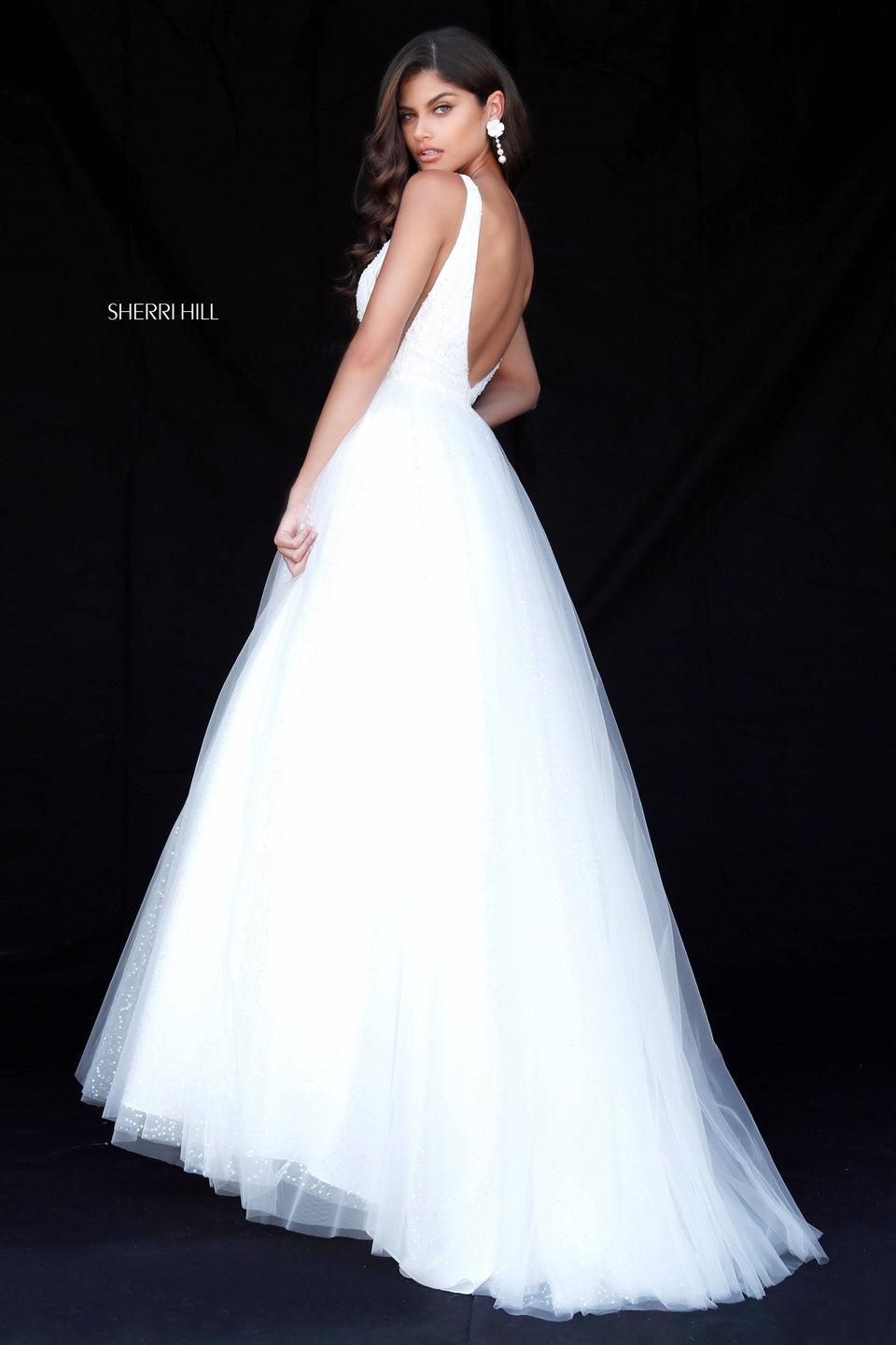 Sherri Hill Flower Appliqued Deep V Bodice With Chiffon A-line Skirt