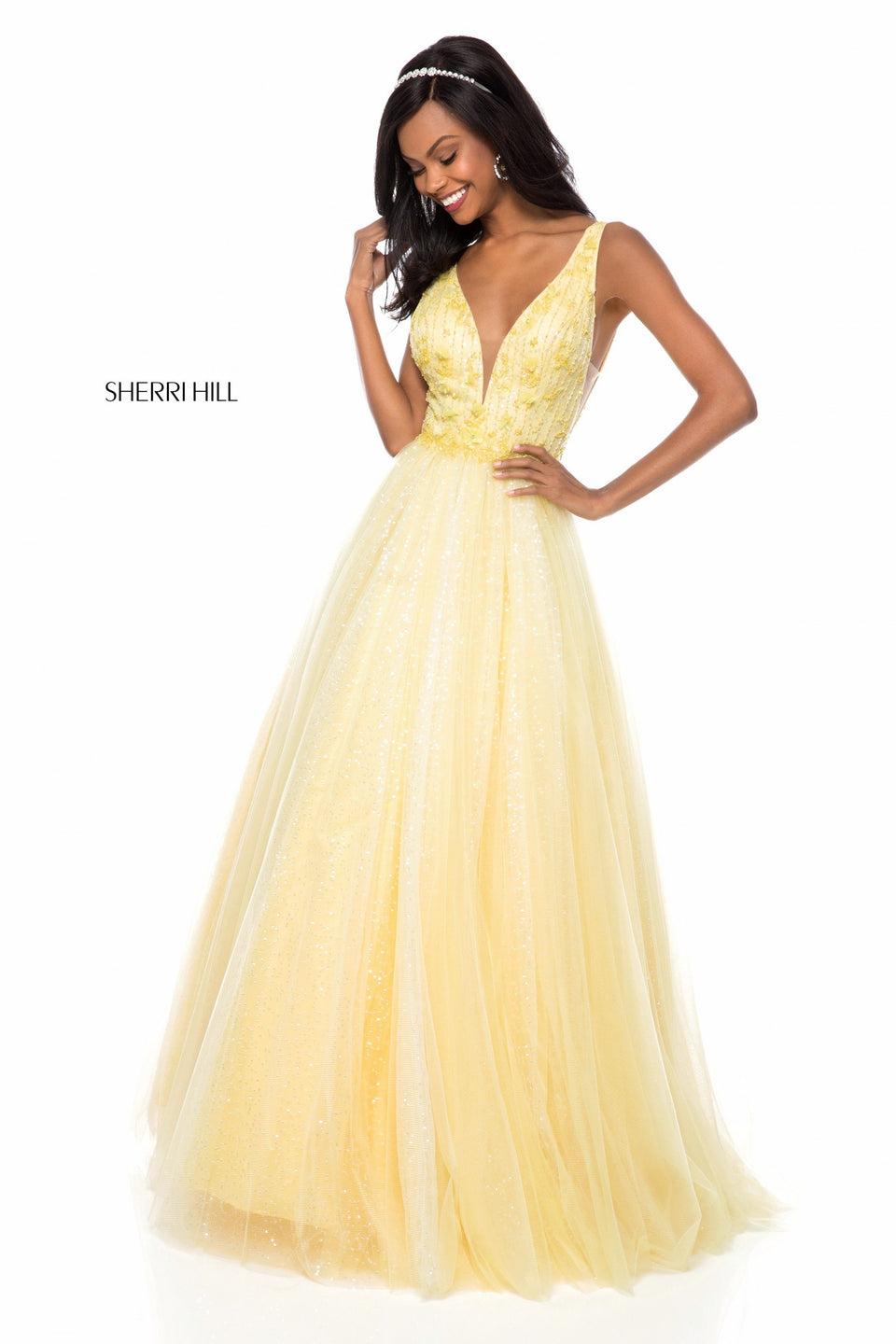 sherri hill Flower appliqued deep V bodice with chiffon A-line skirt