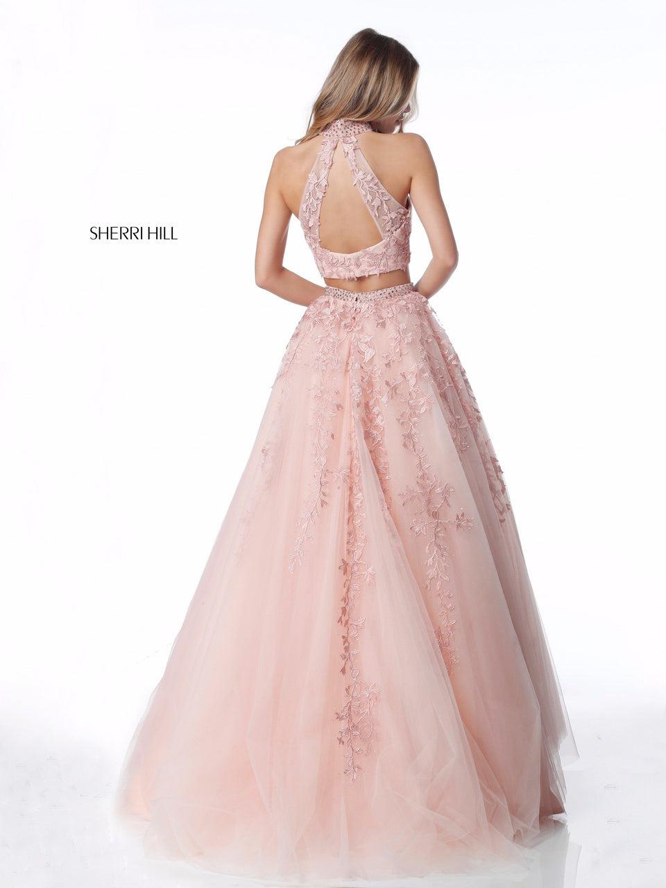 Sherri Hill Flower Appliqued Two Piece With Beaded High Neck Bodice And Ball Gown Skirt With Beaded Belt