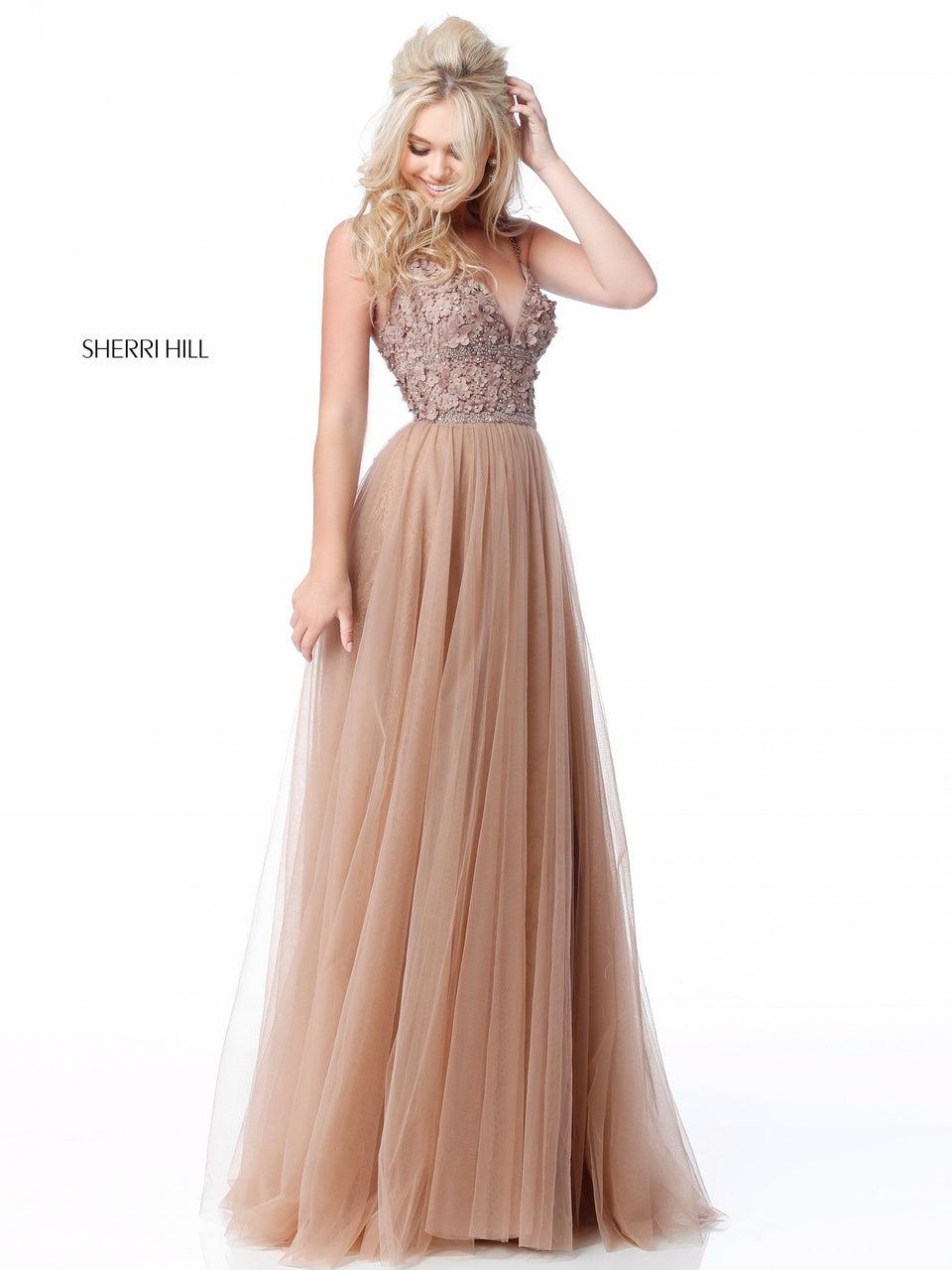 Sherri Hill Flower Appliqued V Neck Bodice With Tulle Skirt