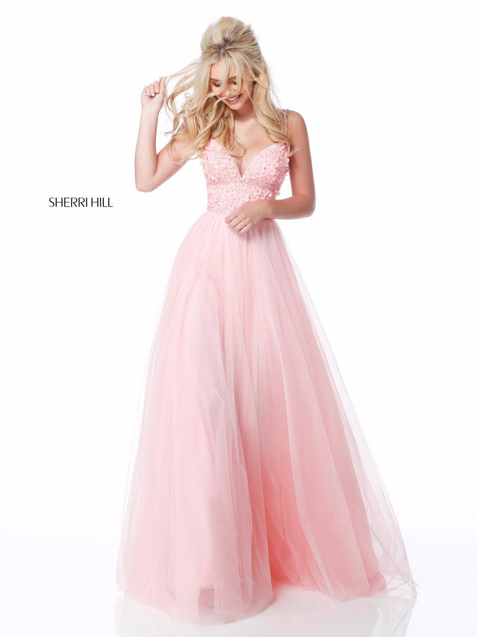 Sherri Hill Flower Appliqued V Neck Bodice With Tulle Skirt