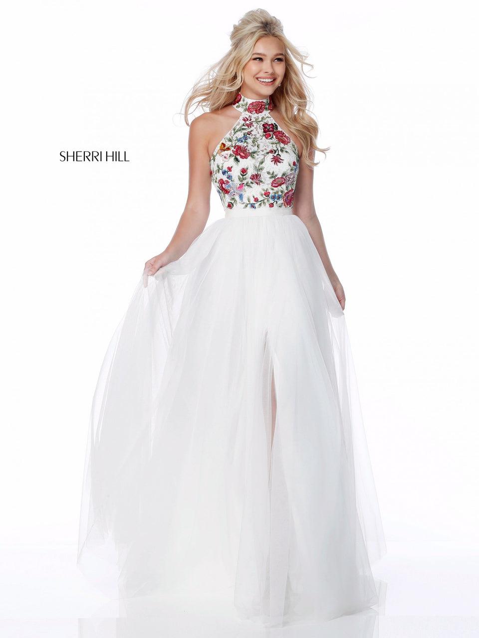 Sherri Hill Flower Embroidered High Neck Bodice With Cut Out Back And Chiffon Skirt