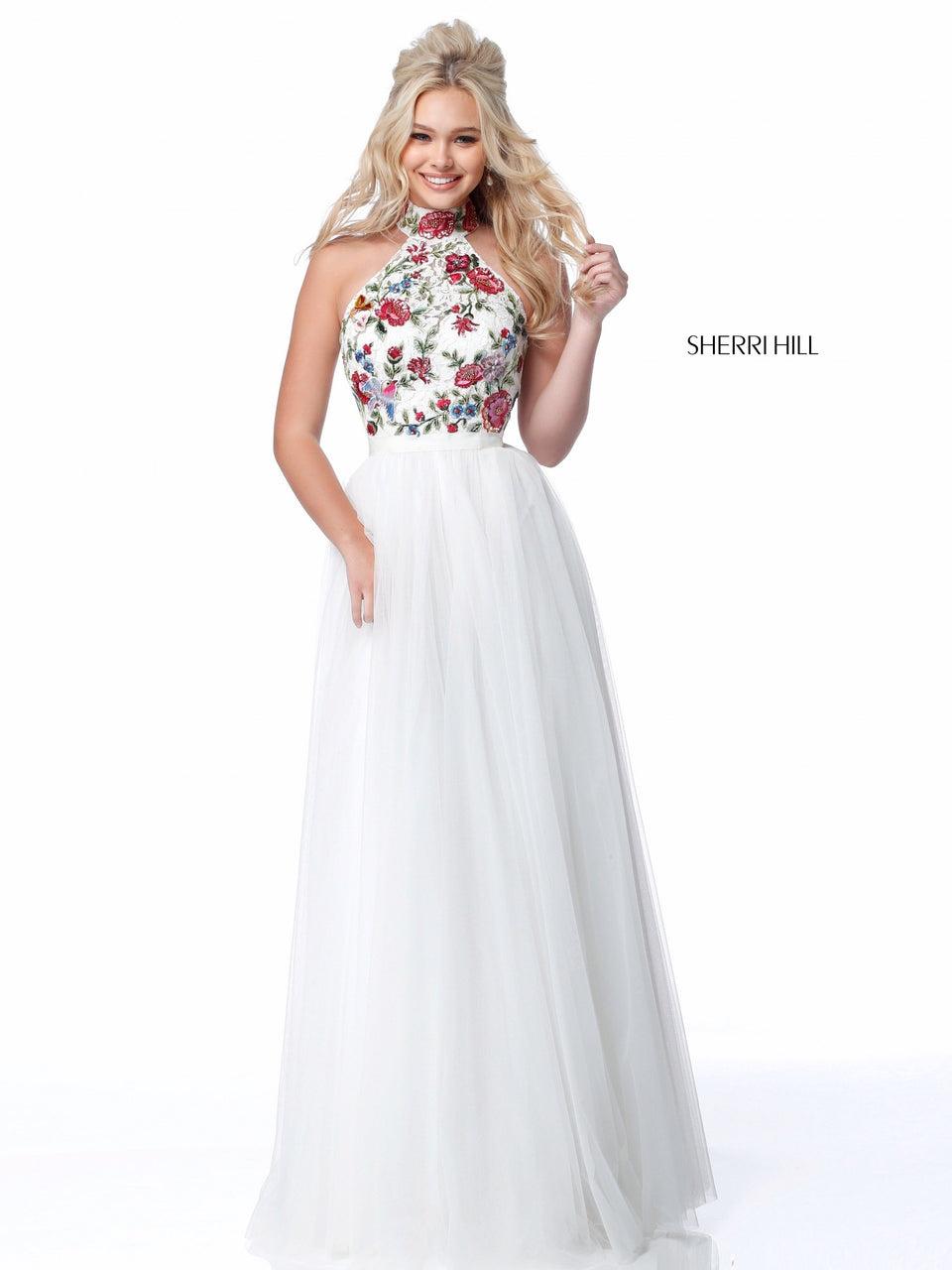 Sherri Hill Flower Embroidered High Neck Bodice With Cut Out Back And Chiffon Skirt