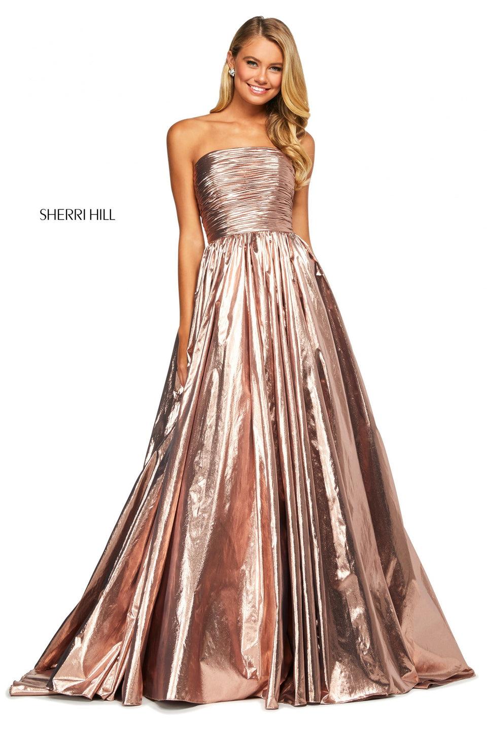 sherri hill Foil lame strapless ball gown with ruched bodice