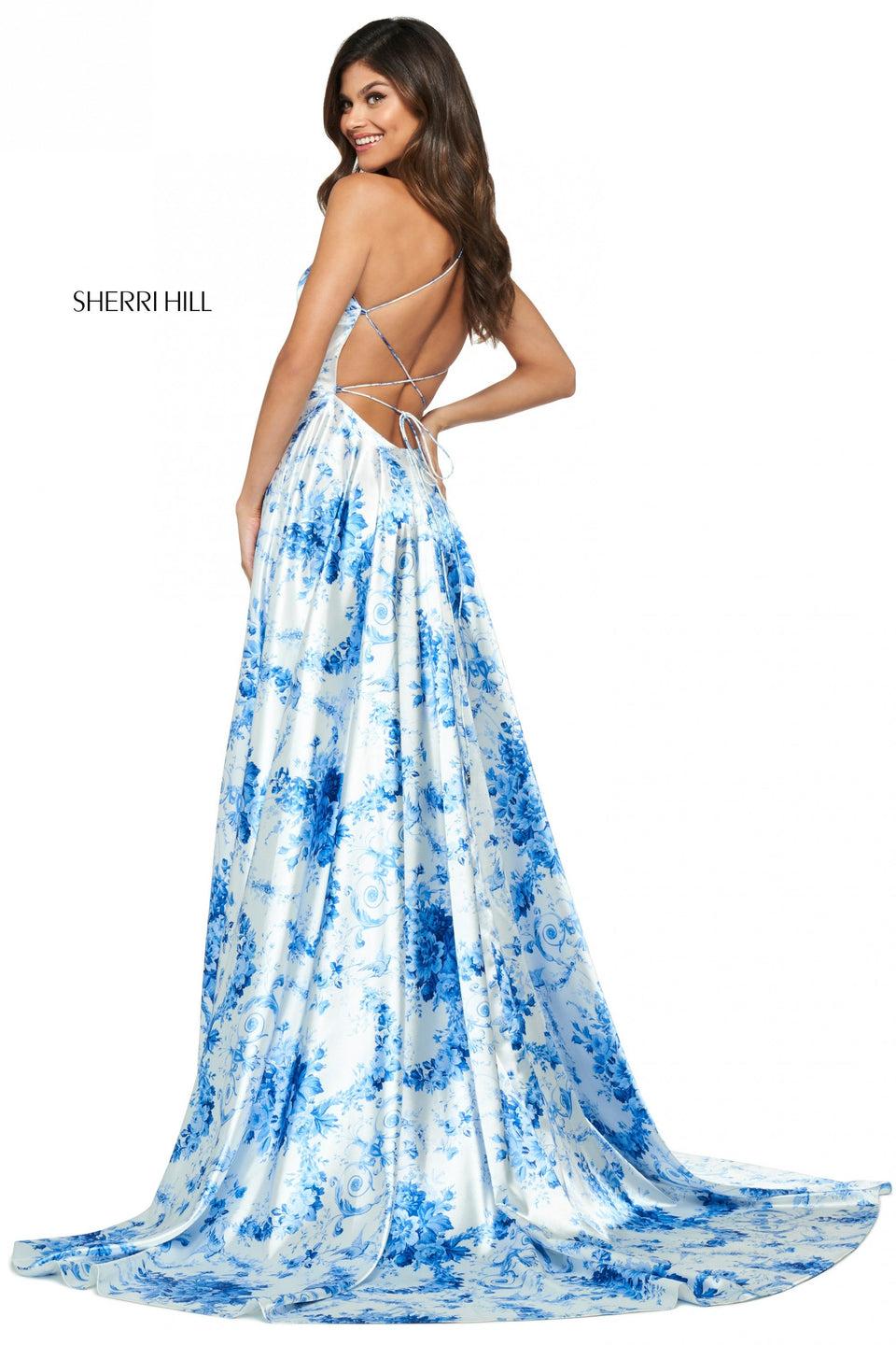 Sherri Hill French Floral Pattern Satin A-line Gown With Open Lace Up Back And Skirt Slit