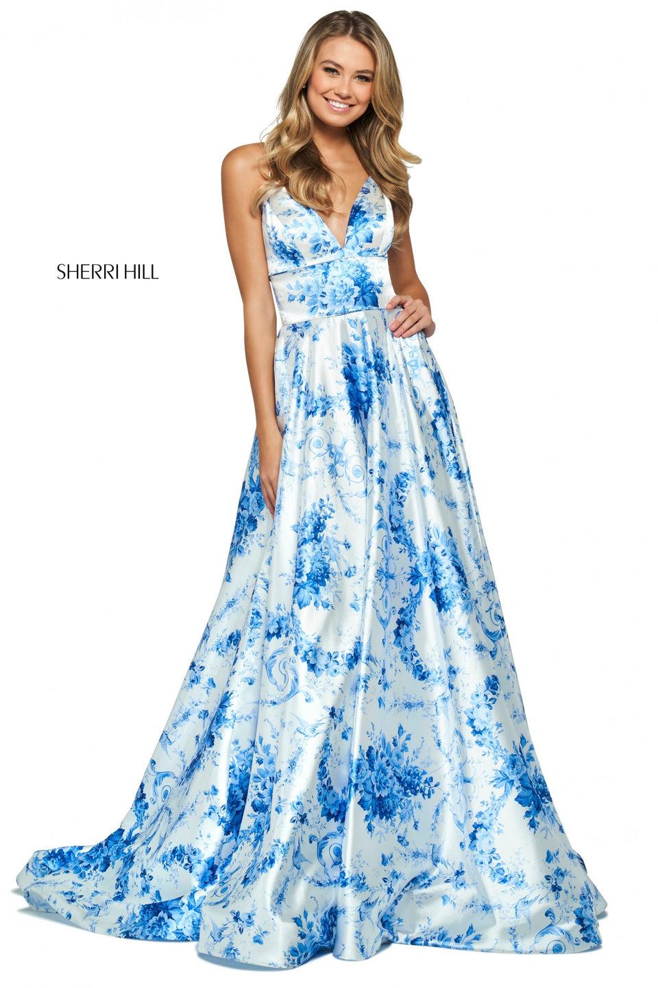 Sherri Hill French Floral Pattern Satin A-line Gown With V Sweetheart Neckline And Wide Loop Lace Up Back