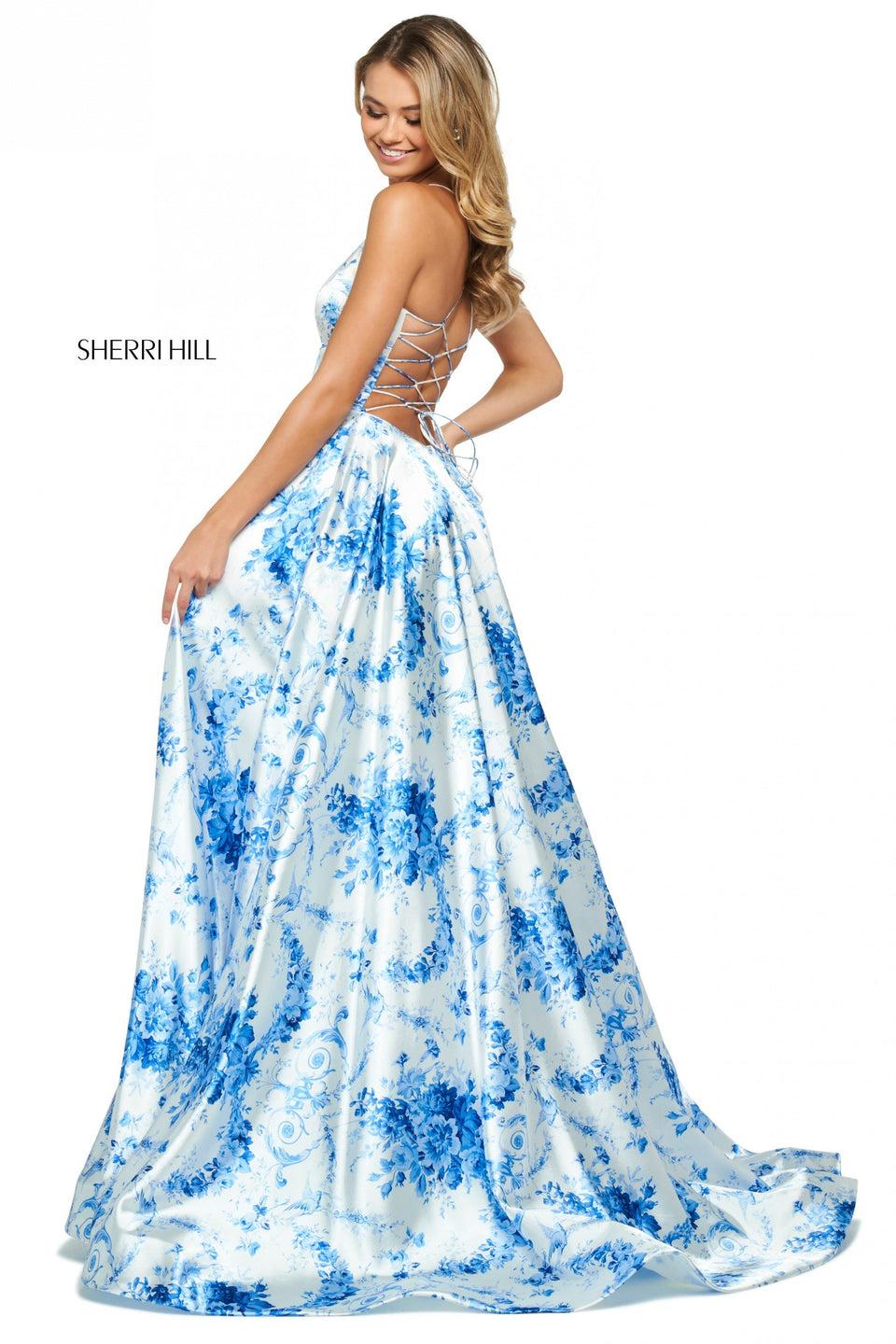 Sherri Hill French Floral Pattern Satin A-line Gown With V Sweetheart Neckline And Wide Loop Lace Up Back