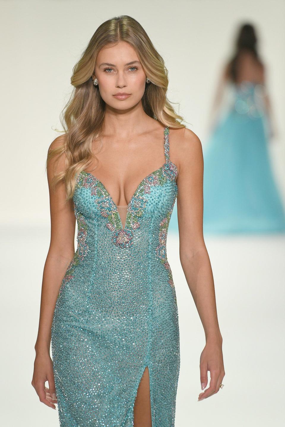 Sherri Hill Fully Beaded Fitted Gown With Deep V-Neckline Skirt Slit And An Open Back