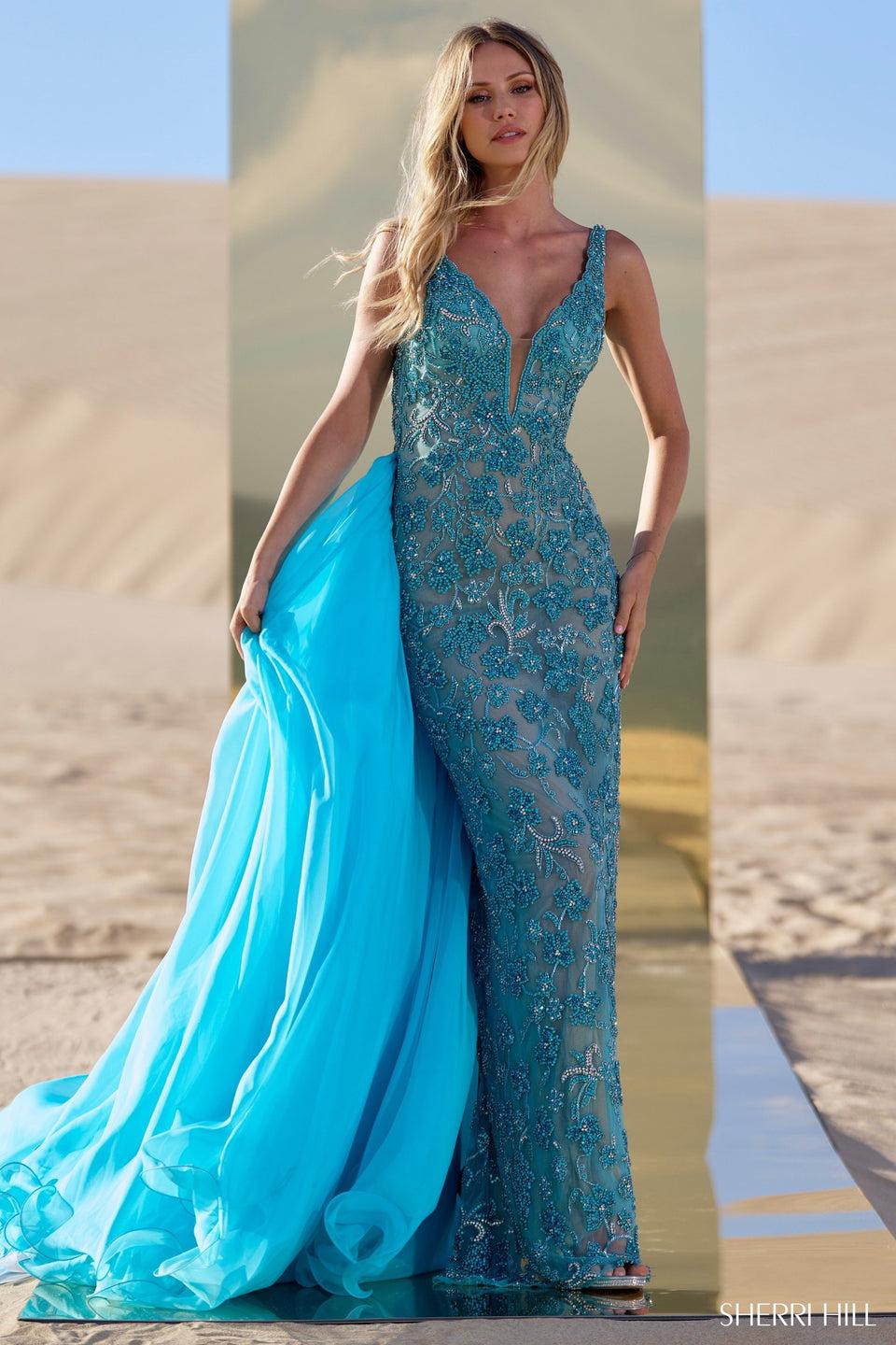 Sherri Hill Fully Beaded Fitted Gown With Organza Over Skirt