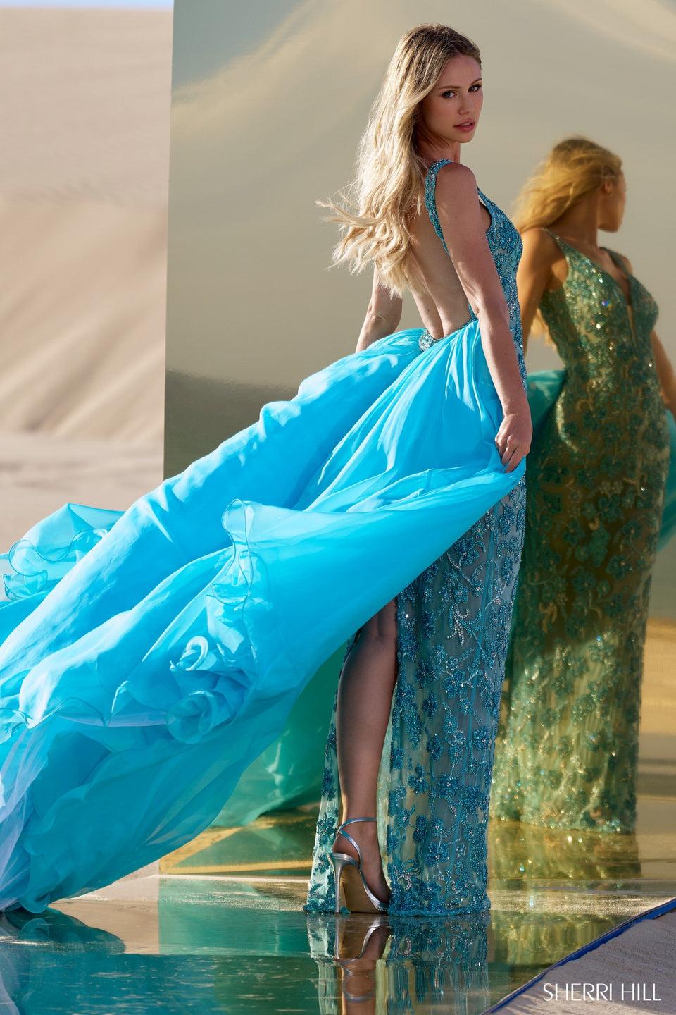 Sherri Hill Fully Beaded Fitted Gown With Organza Over Skirt