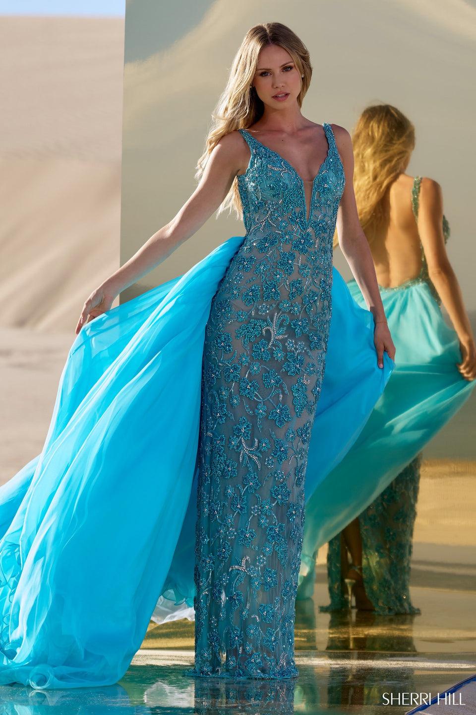 Sherri Hill Fully Beaded Fitted Gown With Organza Over Skirt