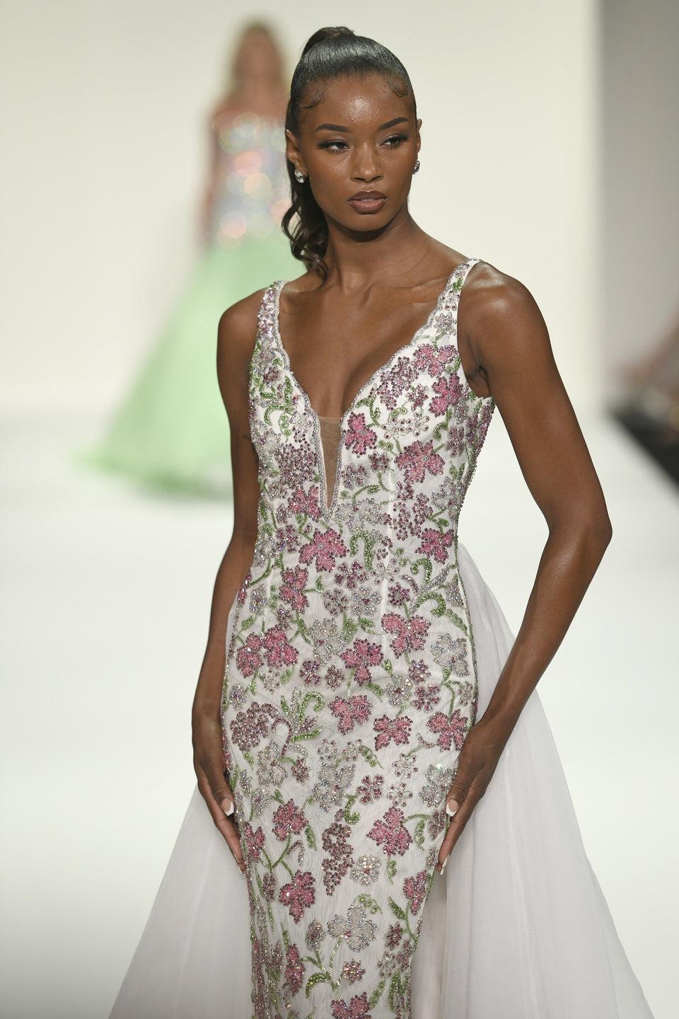 sherri hill Fully beaded fitted gown with organza over skirt