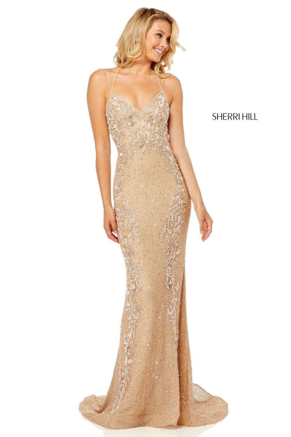 Sherri Hill Fully Beaded Gown With Bead Encrusted Train And Cut Out Back