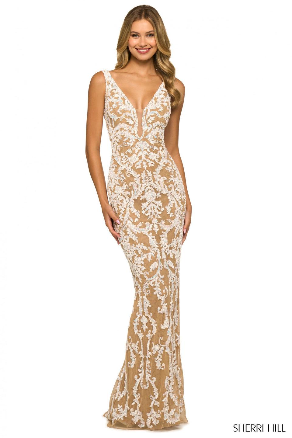 sherri hill Fully beaded gown with deep V illusion neckline