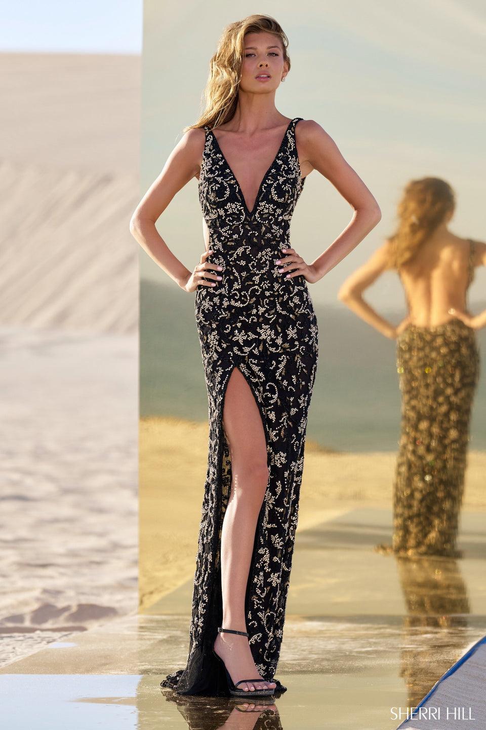 sherri hill Fully beaded gown with skirt slit and open back