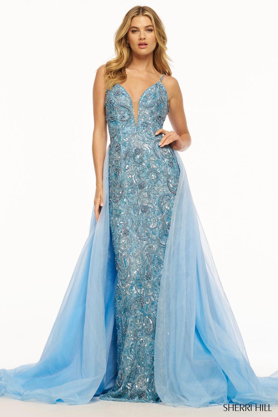 sherri hill Fully beaded gown with V-Neckline and organza over skirt