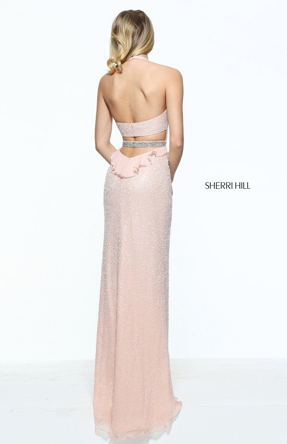 Sherri Hill Fully Beaded Halter Gown With A Chiffon Ruffle Detail On The Back