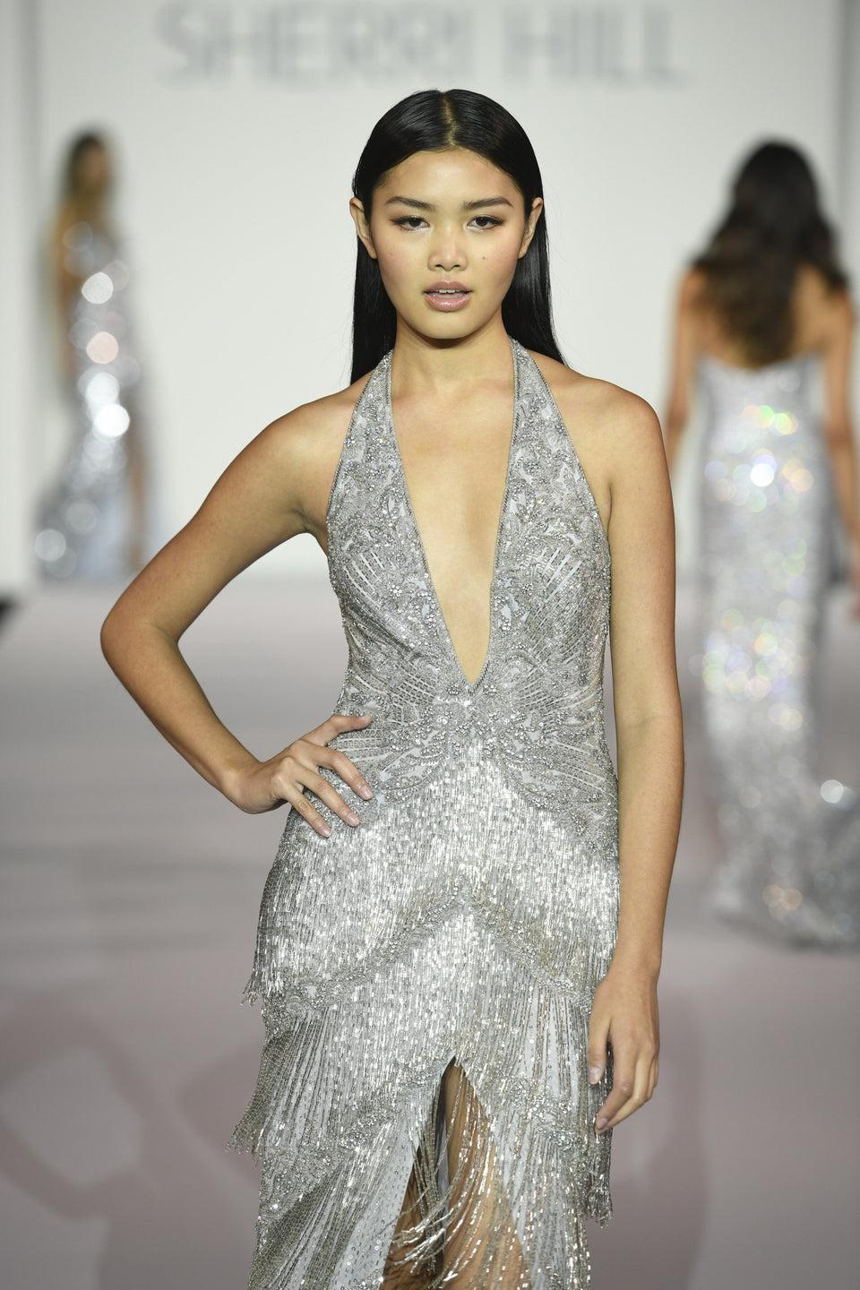 Sherri Hill Fully Beaded Halter Gown With Deep V-Neckline And Fringe Slit Skirt