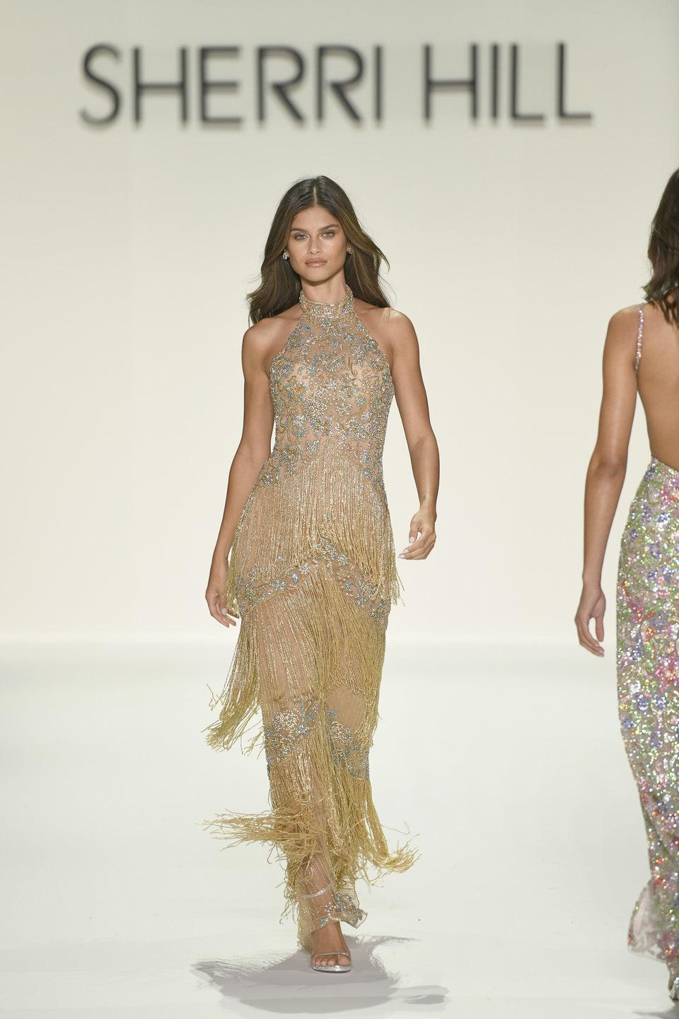 sherri hill Fully beaded halter gown with fringe layers on skirt