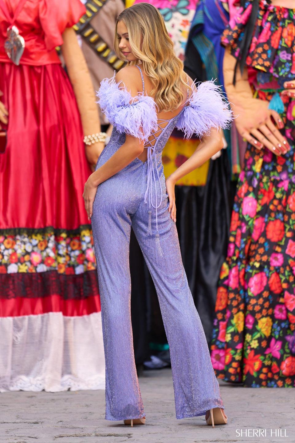 Sherri Hill Fully Beaded Jumpsuit With Corset Bodice Deep V-Neckline Off The Shoulder Feathers And Lace Up Back