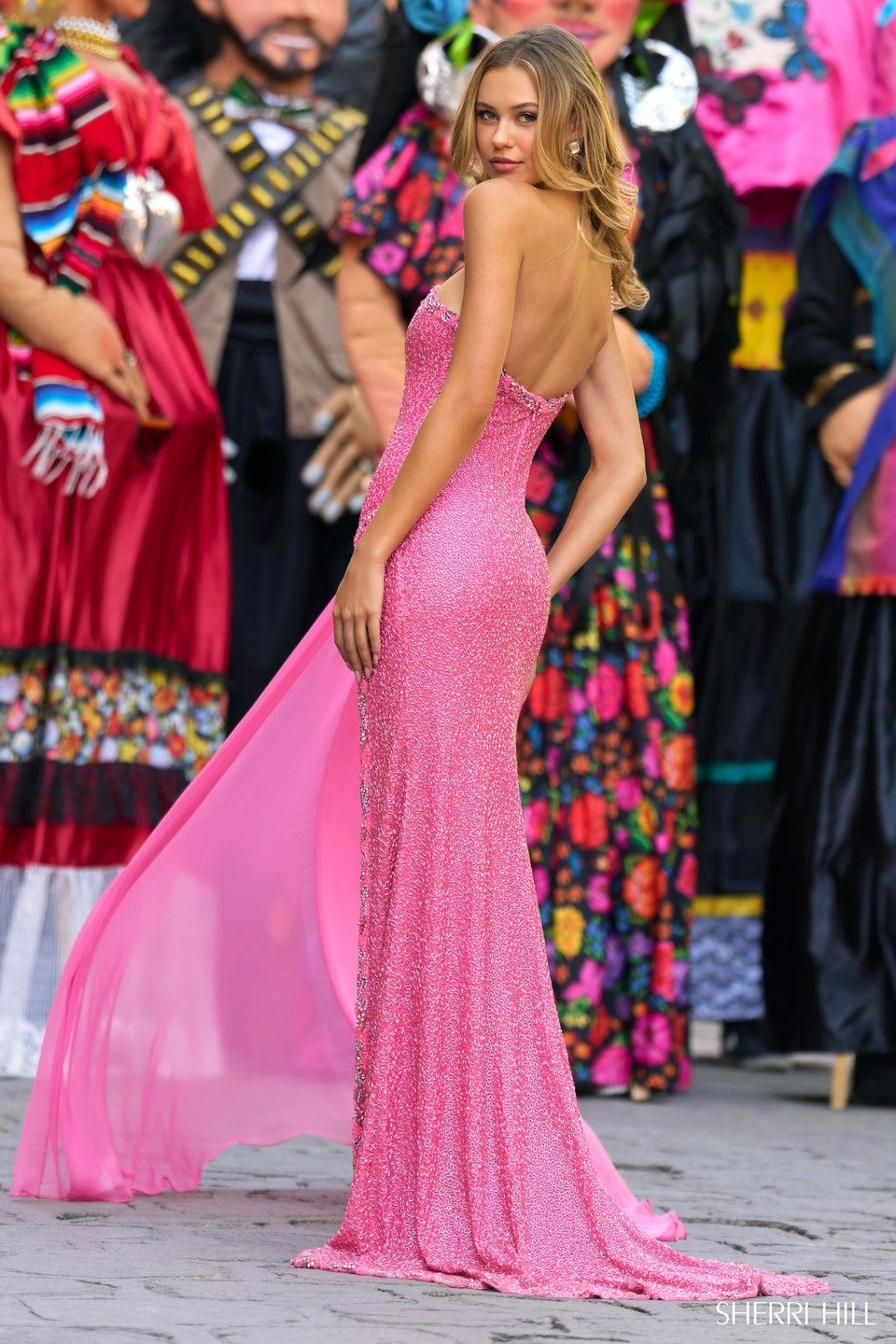 Sherri Hill Fully Beaded One Shoulder Gown With Chiffon Cape And High Slit
