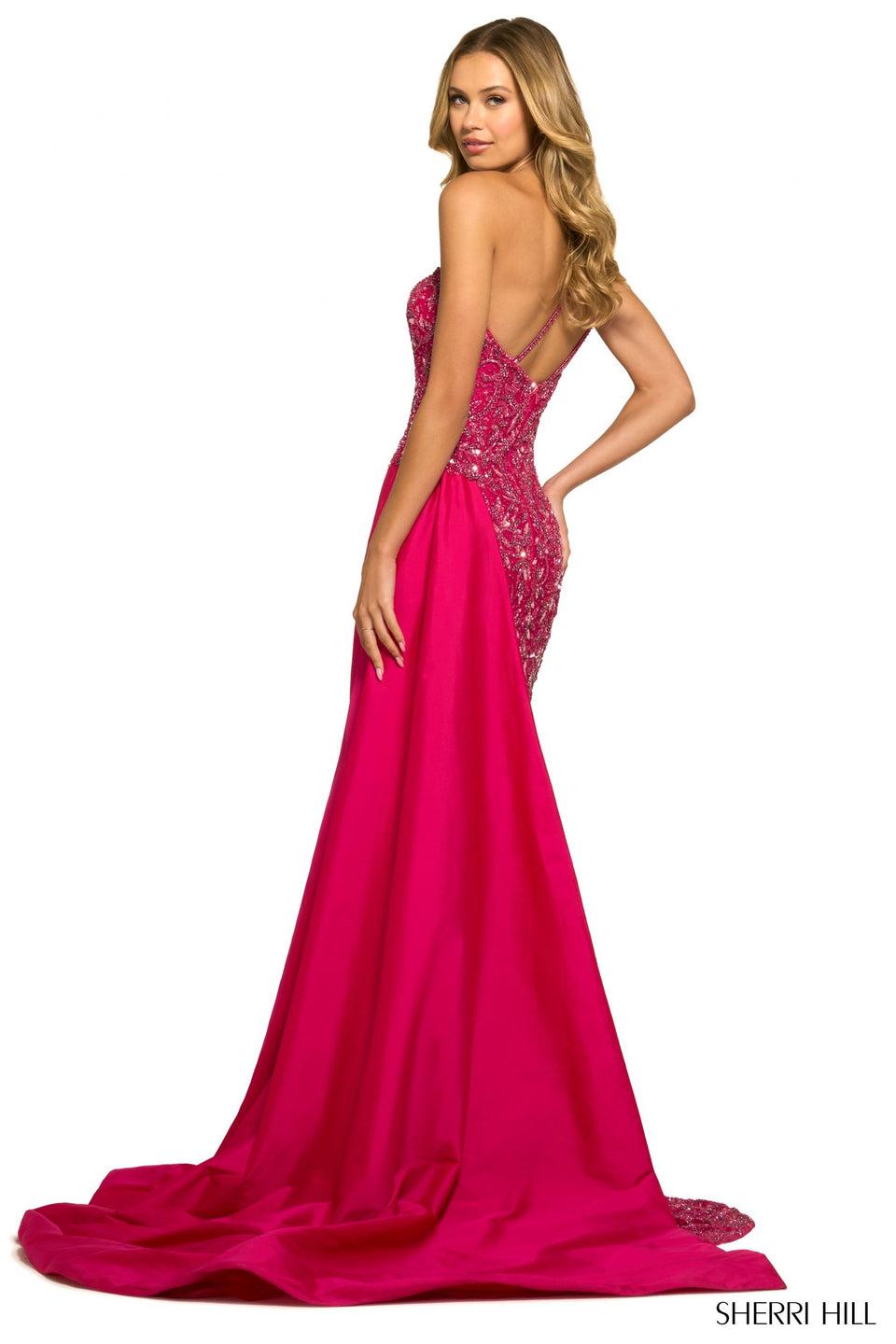 Sherri Hill Fully Beaded One Shoulder Gown With Side Cape And Slit