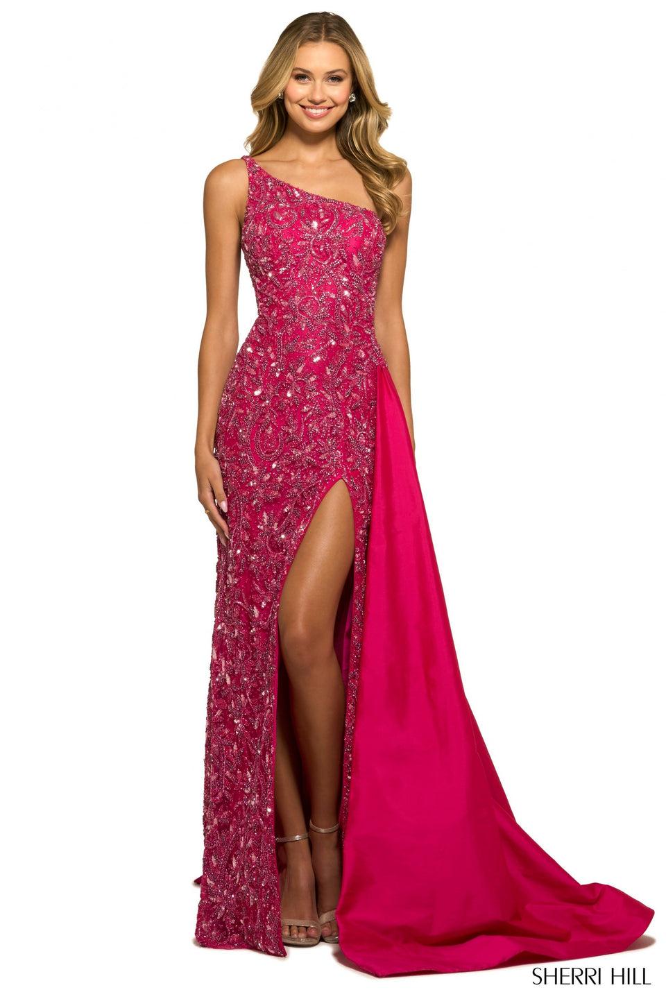 sherri hill Fully beaded one shoulder gown with side cape and slit