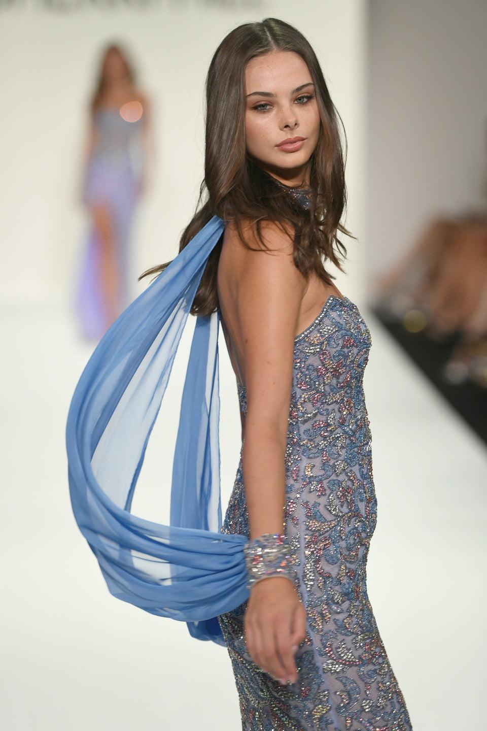 sherri hill Fully beaded strapless gown with detachable chiffon sleeves and beaded choker