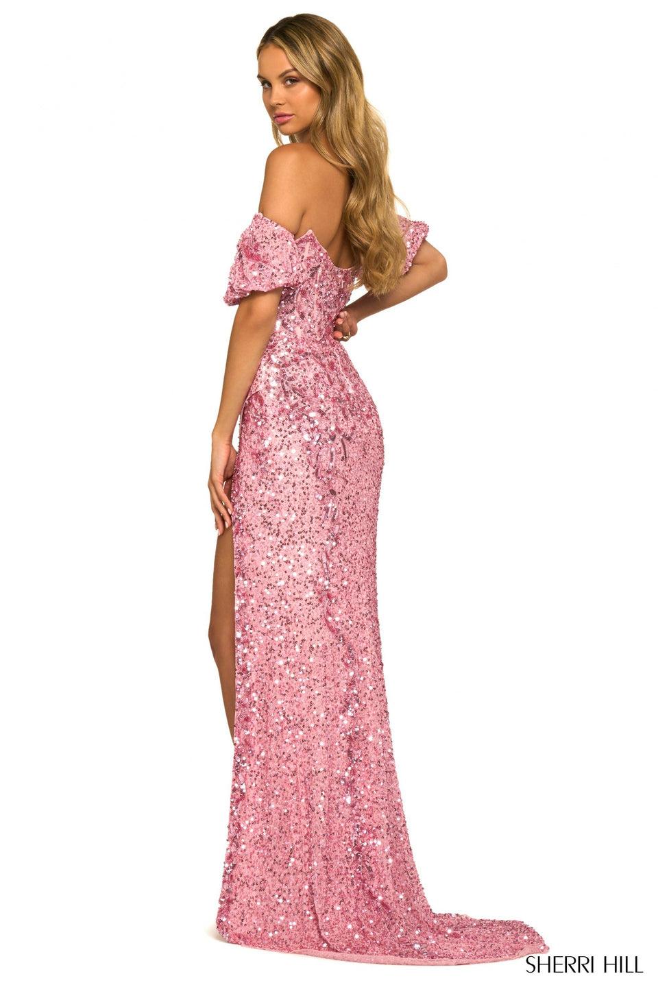 Sherri Hill Fully Sequin Gown With Off The Shoulder Balloon Sleeves And High Slit