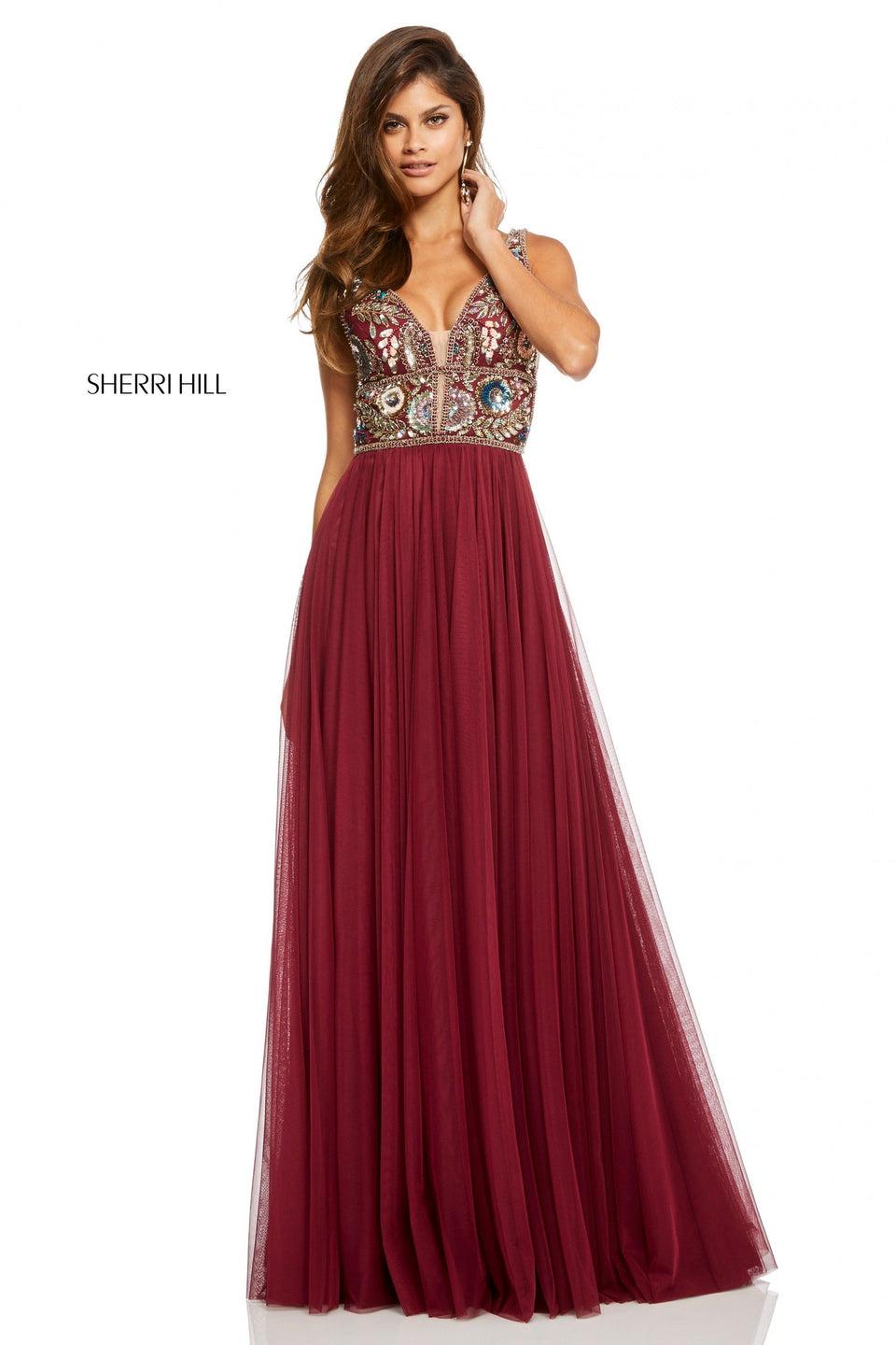 sherri hill Gathered chiffon skirt with deep-V beaded bodice and low back