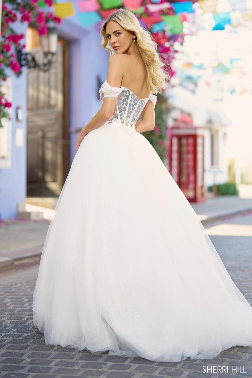 Sherri Hill Glass Cut Corset Ball Gown With Tulle Skirt And Off The Shoulder Sleeves