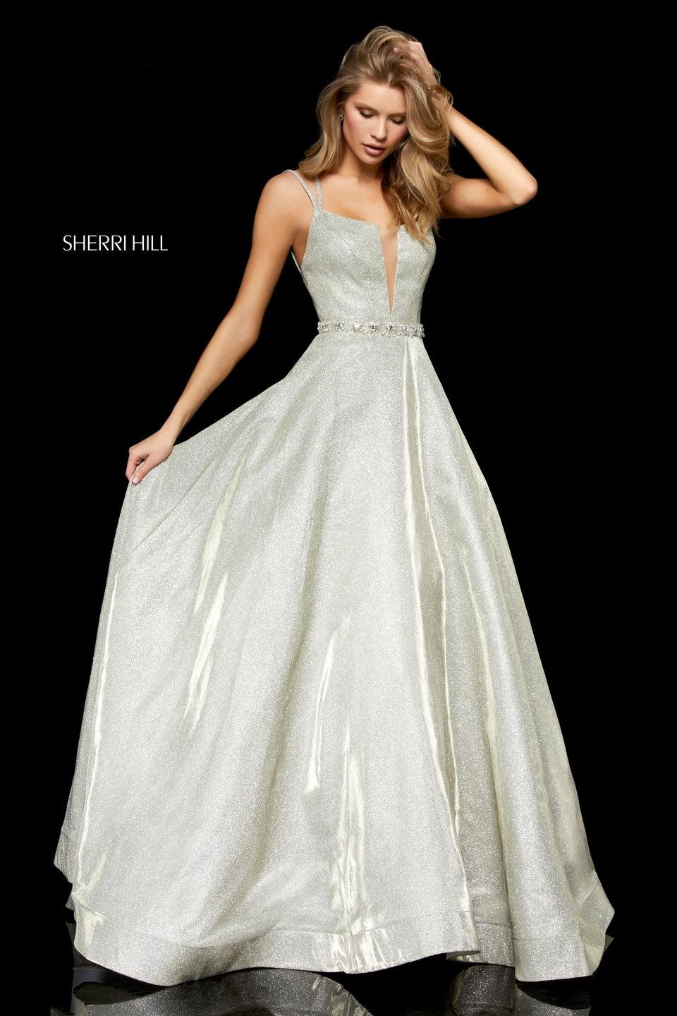 Sherri Hill Glitter A-line Gown With Beaded Belt And Strappy Back