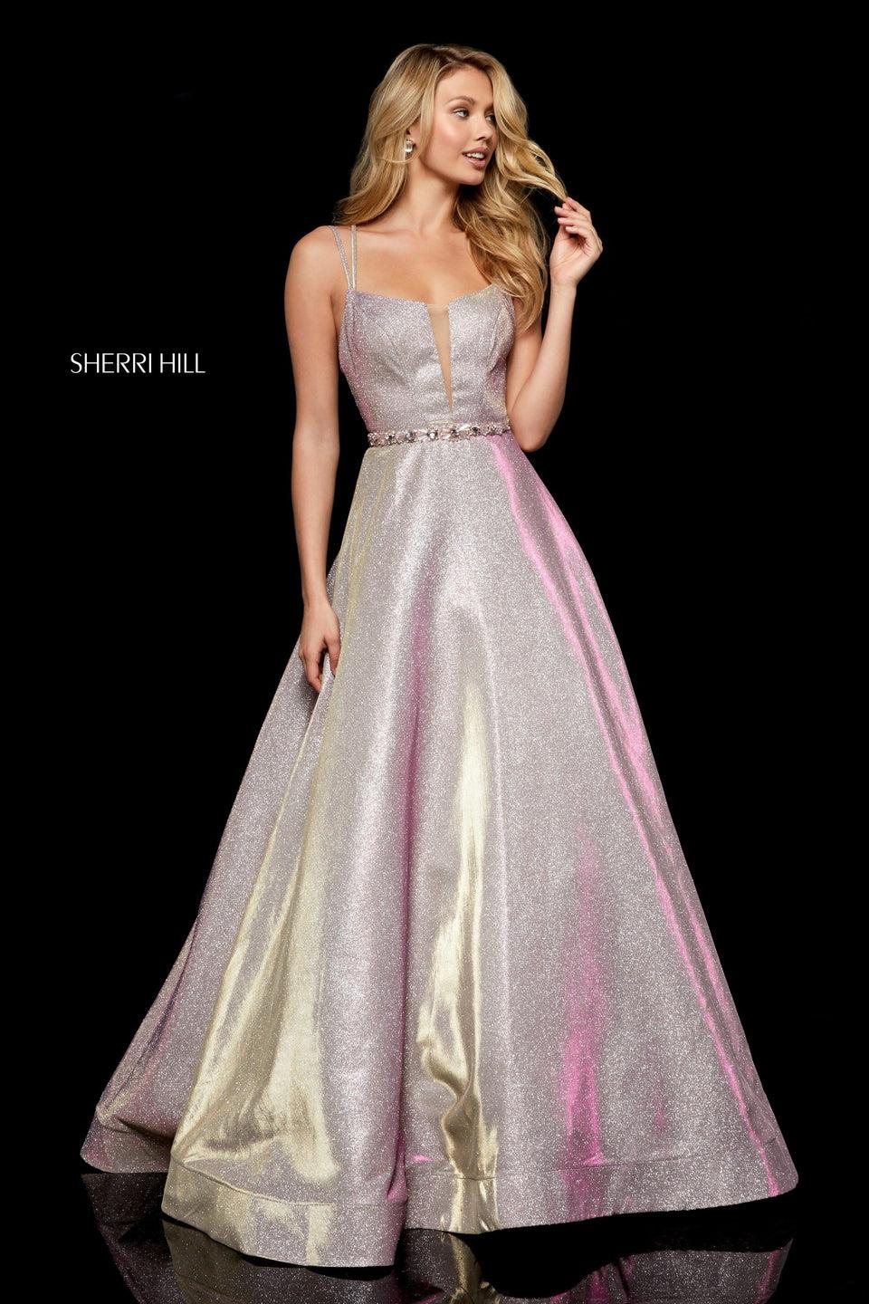 Sherri Hill Glitter A-line Gown With Beaded Belt And Strappy Back