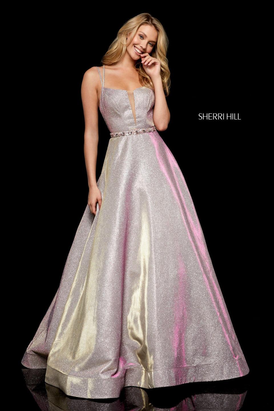sherri hill Glitter A-line gown with beaded belt and strappy back