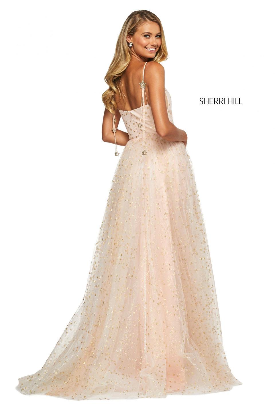 Sherri Hill Glitter And Star Pattern Tulle A-line Dress With Straight Neckline Spaghetti Straps And Jeweled Star Embellishments On Straps And Back
