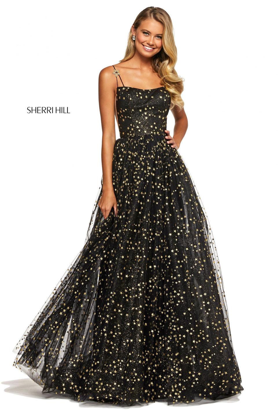 Sherri Hill Glitter And Star Pattern Tulle A-line Dress With Straight Neckline Spaghetti Straps And Jeweled Star Embellishments On Straps And Back