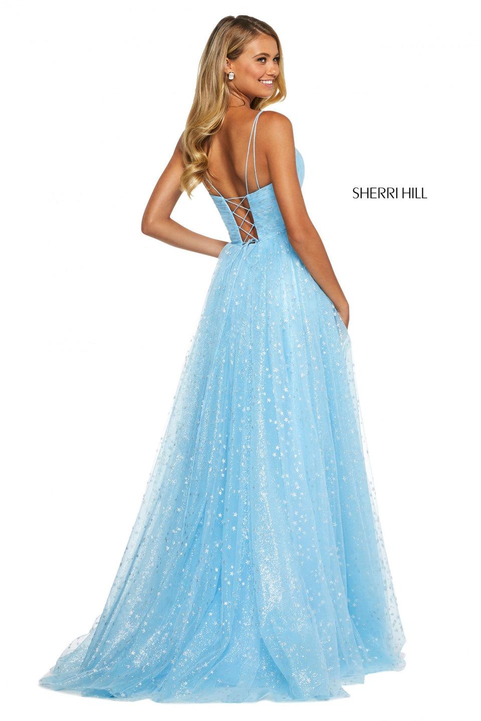Sherri Hill Glitter And Star Print Tulle Gown With Ruched Bodice Lace Up Back And Jeweled Star Embellishments On Straps