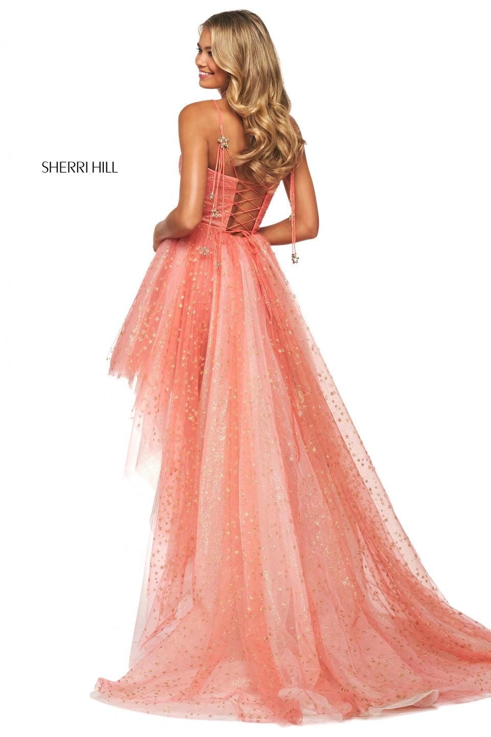 Sherri Hill Glitter And Star Print Tulle High-low Dress With Ruched Bodice And Jeweled Star Appliques On Straps