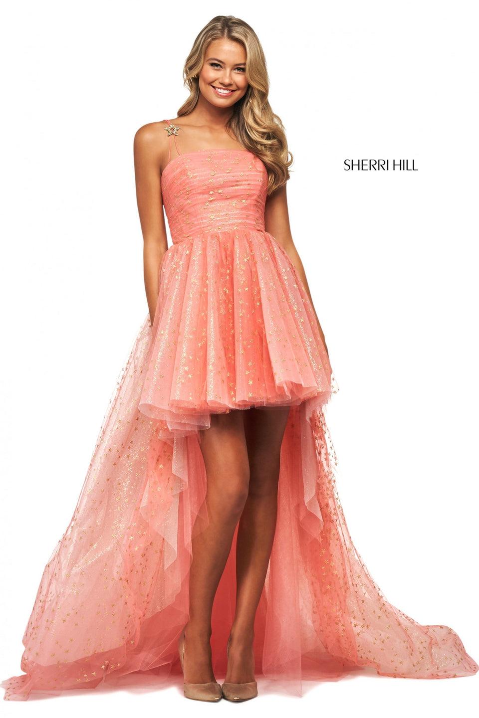 sherri hill Glitter and star print tulle high-low dress with ruched bodice and jeweled star appliques on straps